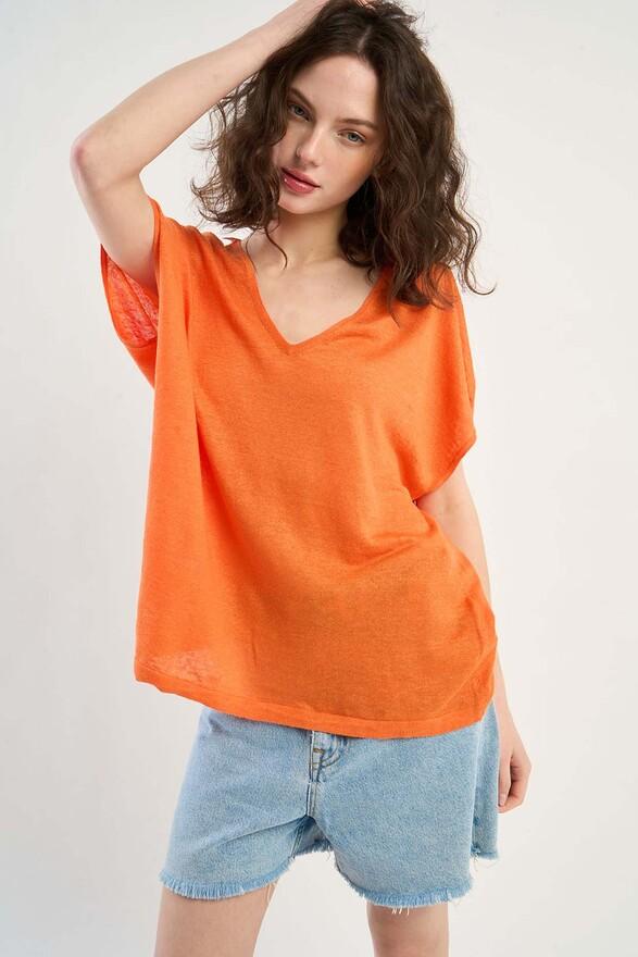 les tricots de léa Pull col V sans manches en 100% Lin MAELLAE Tangerine
