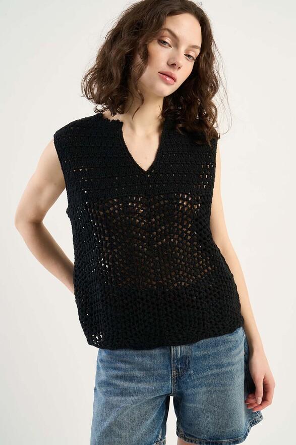 les tricots de léa Pull sans manches en 100% Coton fait main MAYANA Noir