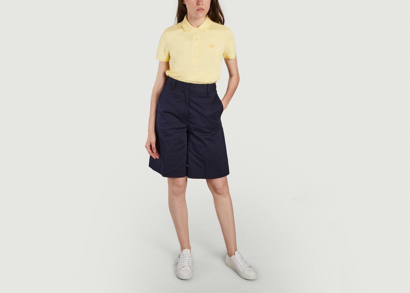 L'exception Bermuda Taille Haute à Plis En Coton Stretch Bleu Marine Lacoste