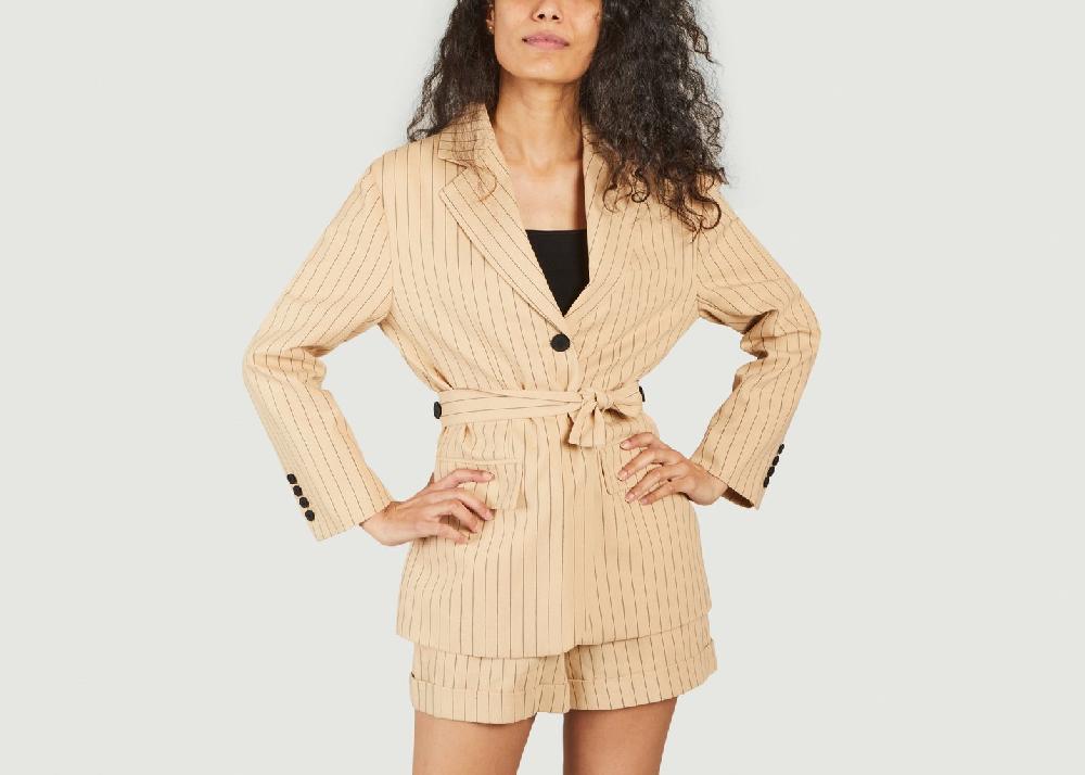 l'exception Blazer rayé en coton et lin Varcel Beige Maje
