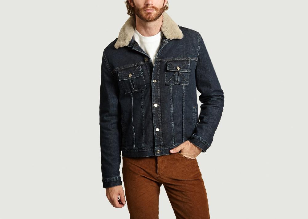 l'exception Blouson En Jean A Col Peau Lainée Denim M.X Maxime Simoëns