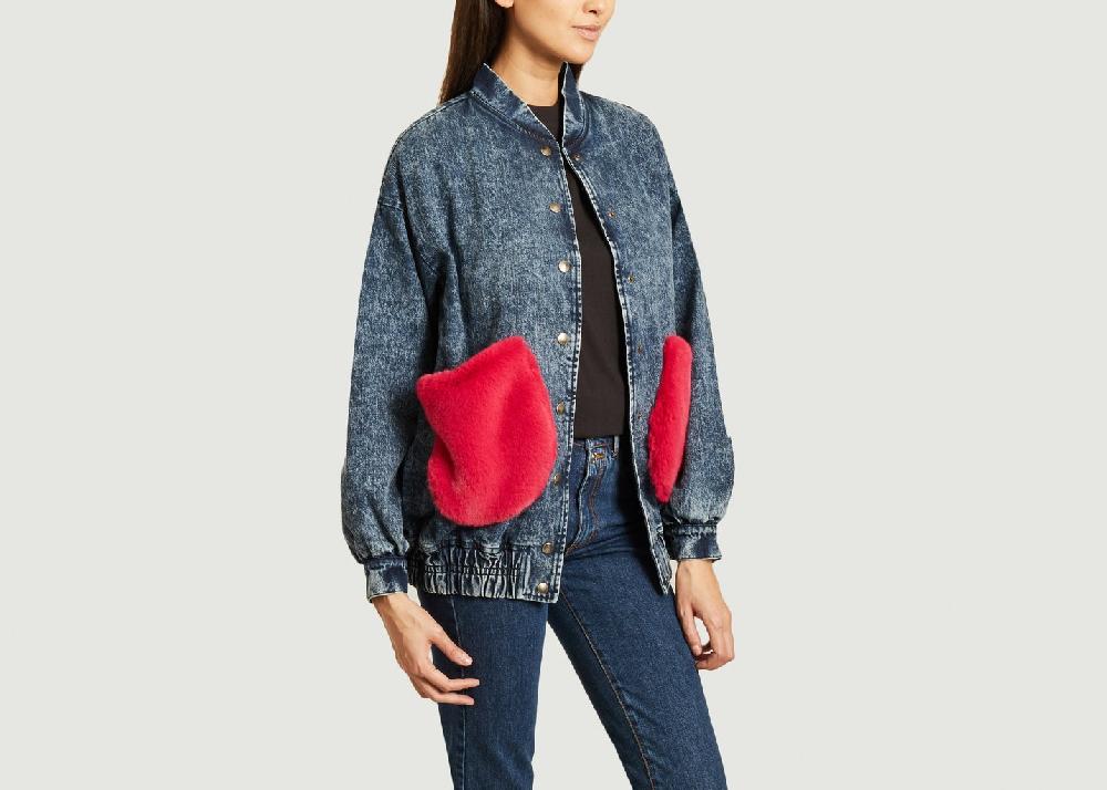 L'exception Blouson Henri En Denim Poches En Fourrure Rose Denim Fête Impériale