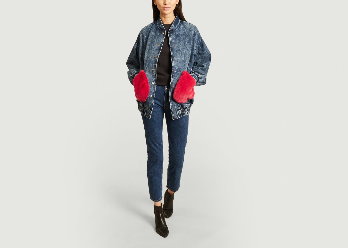 L'exception Blouson Henri En Denim Poches En Fourrure Rose Denim Fête Impériale