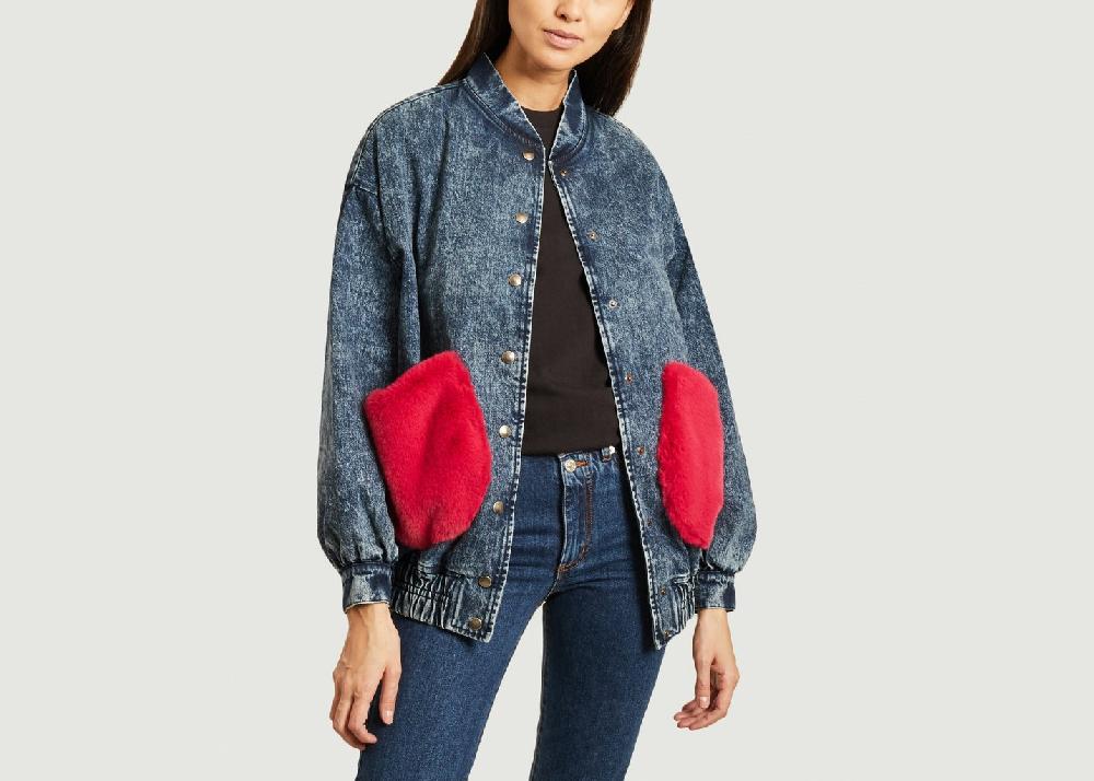 l'exception Blouson Henri en denim poches en fourrure rose Denim Fête Impériale