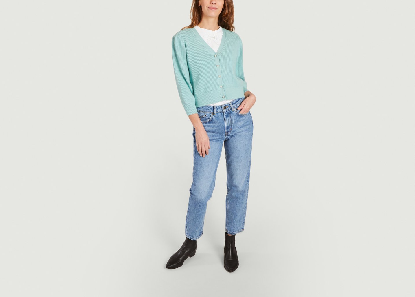 L'exception Cardigan Côtelé Avec Boutons Perles Mistou Menthe Maje