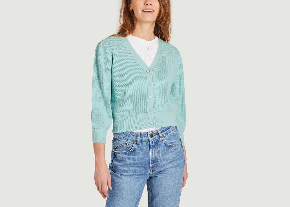 l'exception Cardigan côtelé avec boutons perles Mistou Menthe Maje