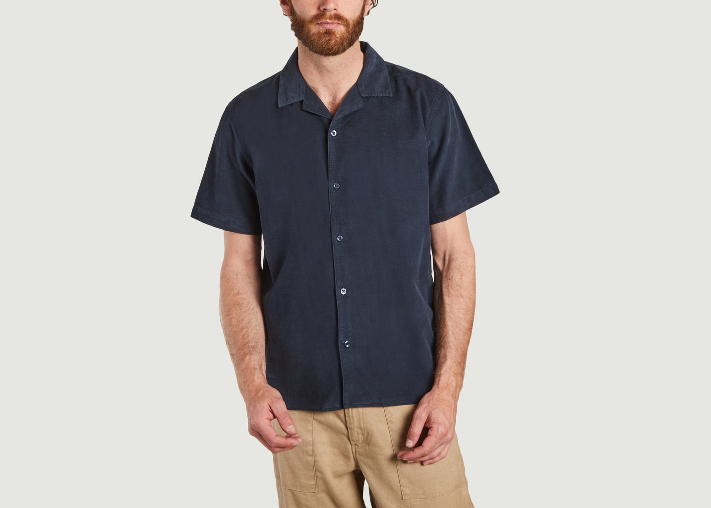 l'exception Chemise manches courtes en velours Bleu Marine Knowledge Cotton Apparel
