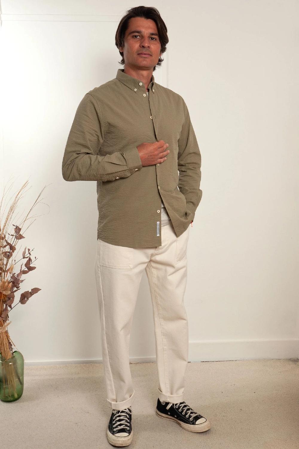 L'exception Chemise Paulin Seersucker Khaki Cuisse De Grenouille