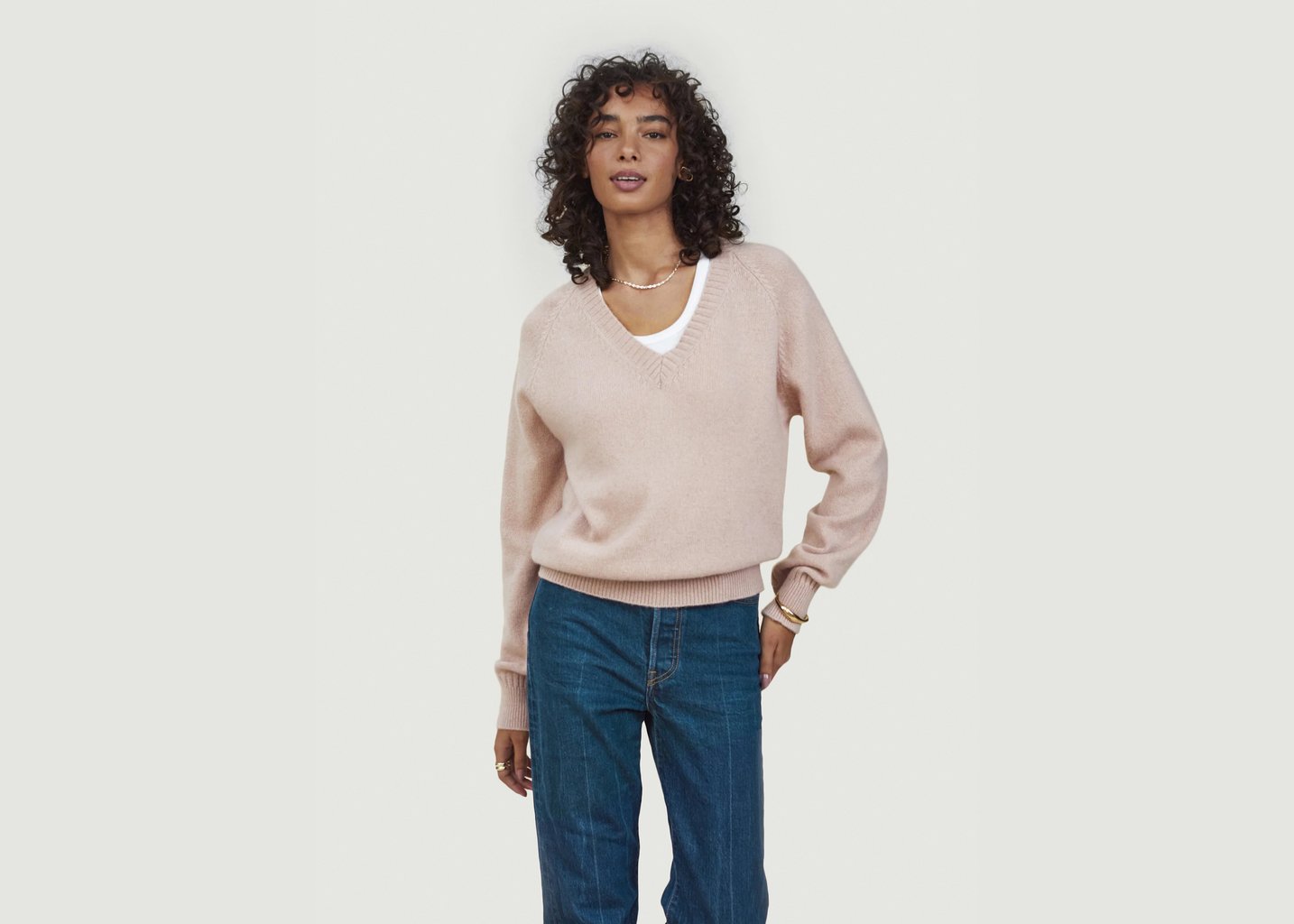 l'exception Pull col V en Cachemire Rose Tricot