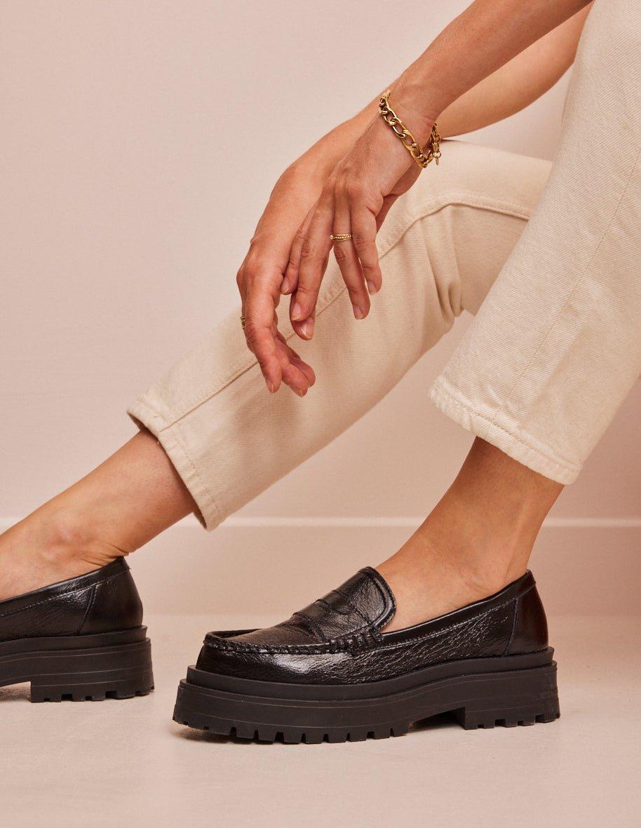 L'exception Mocassins Nadège Cuir Plissé Noir Odaje Ex M.Moustache