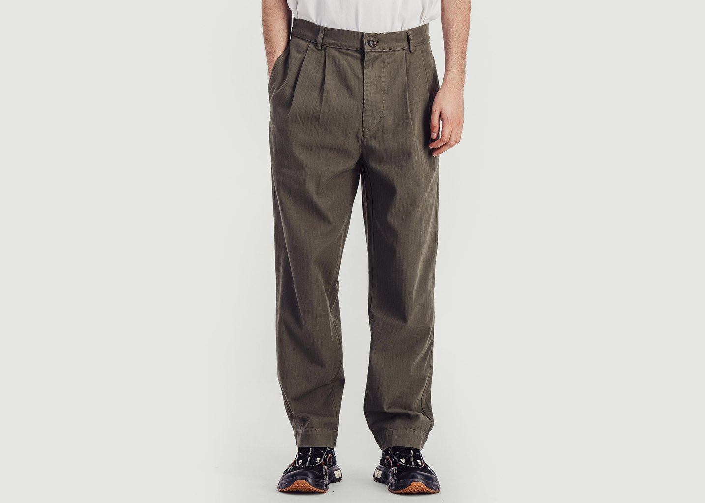 l'exception Pantalon Double Pleats Herringbone Khaki Parages