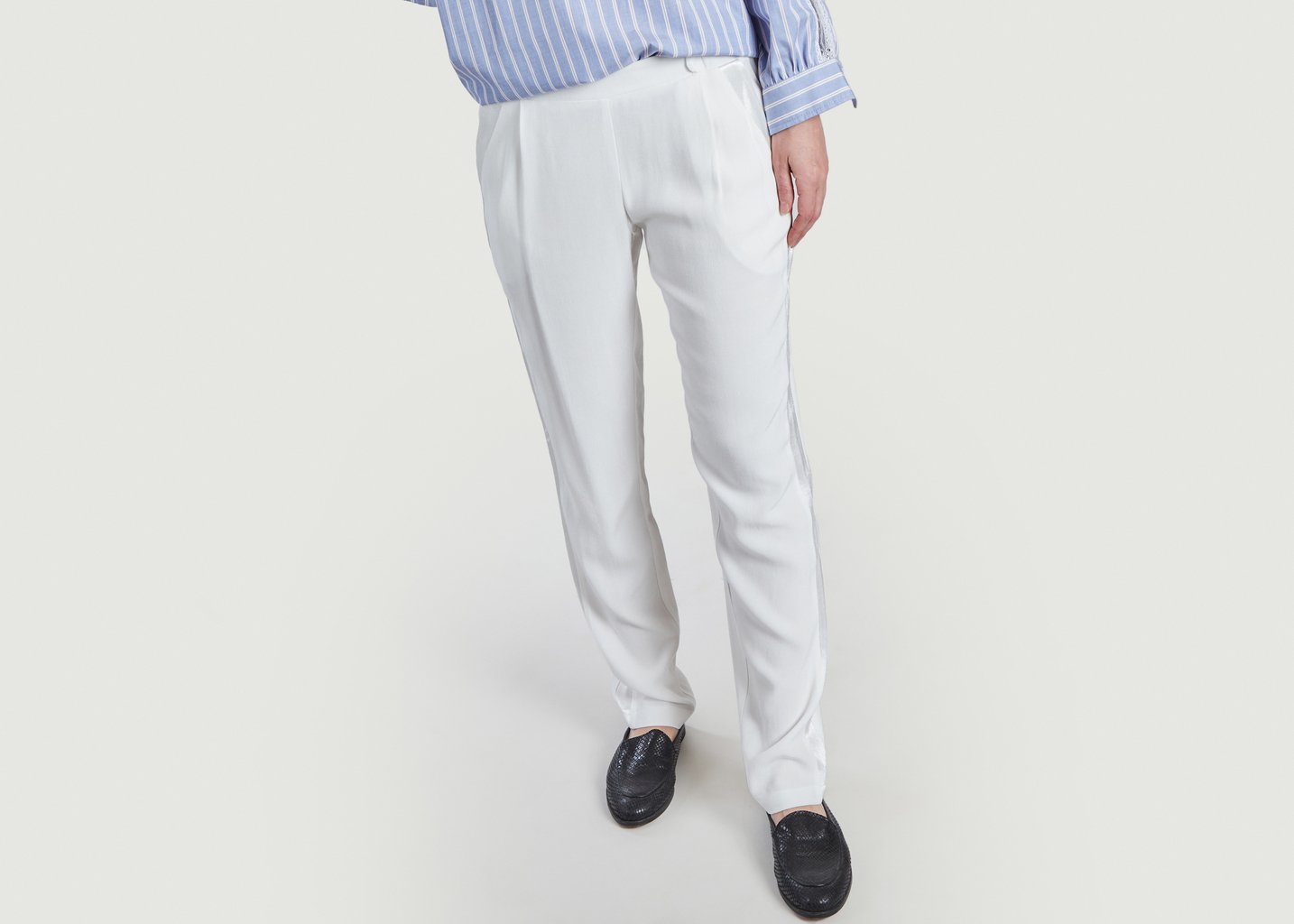 l'exception Pantalon Philippe à liserés satinés Ecru La Petite Française