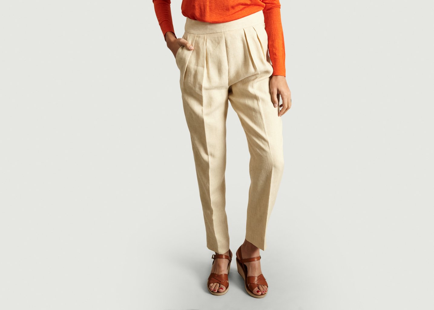 l'exception Pantalon Taille Haute Double Pinces en Lin Blanc Theory