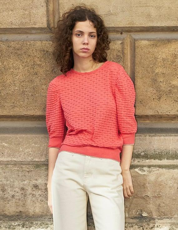 L'exception Phiphie Pull Texturé Manches Bouffantes Corail Erotokritos