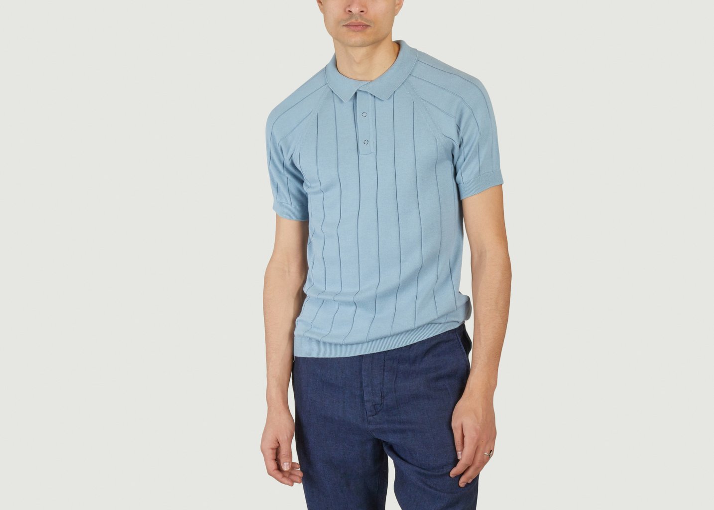 L'exception Polo En Maille Rayée à Manches Courtes Regular Bleu Clair Knowledge Cotton Apparel