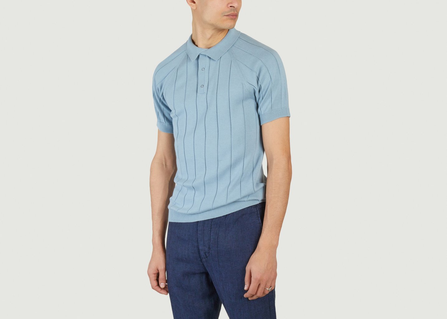 L'exception Polo En Maille Rayée à Manches Courtes Regular Bleu Clair Knowledge Cotton Apparel