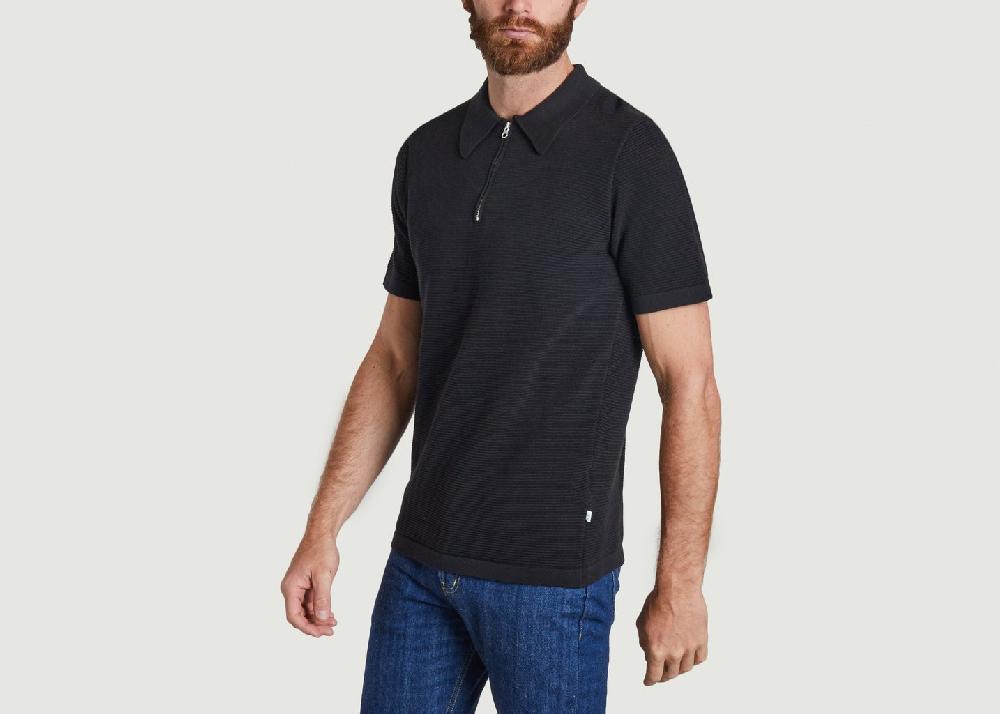 L'exception Polo Loose Côtelé Col Zippé Noir Knowledge Cotton Apparel