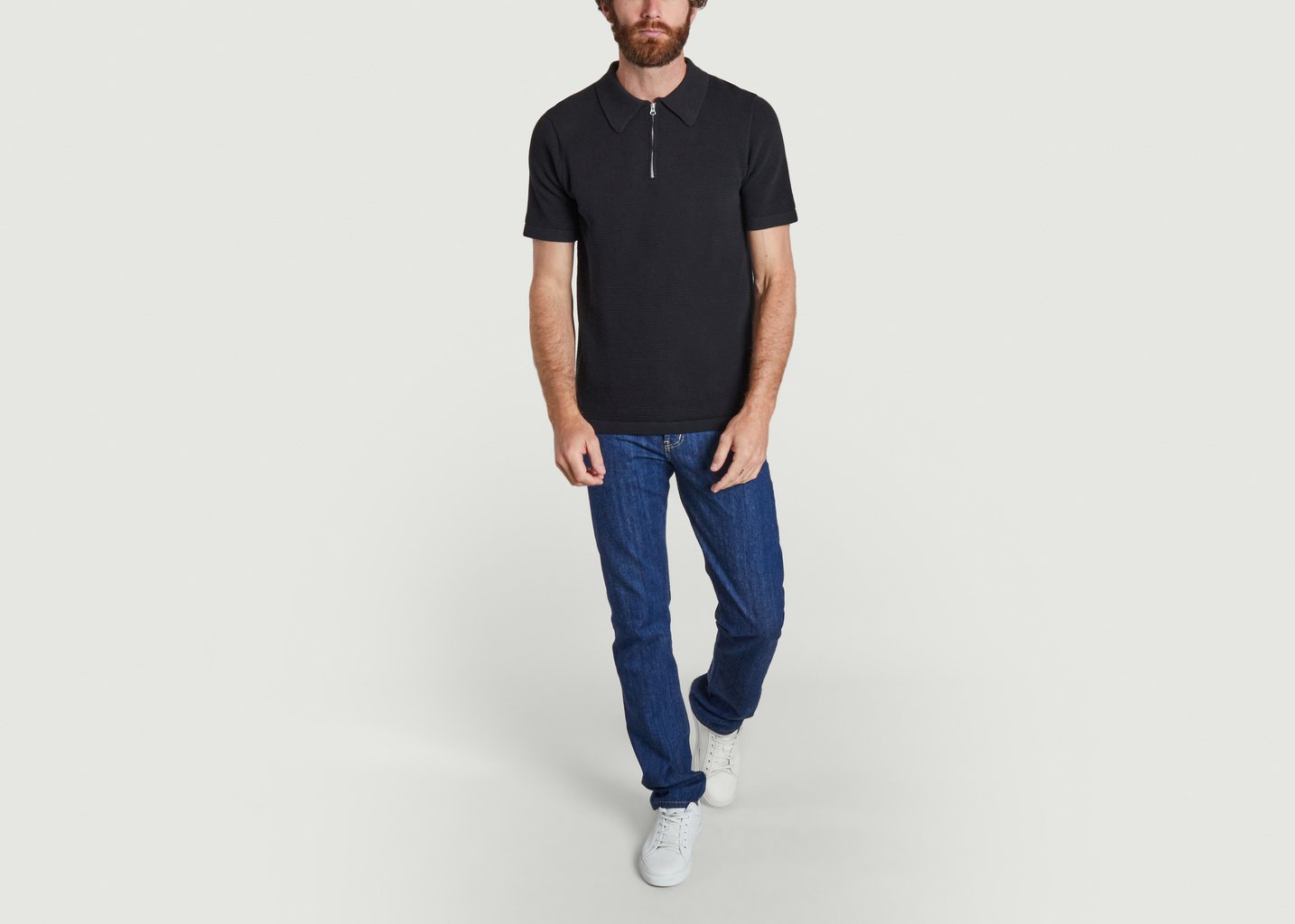 L'exception Polo Loose Côtelé Col Zippé Noir Knowledge Cotton Apparel