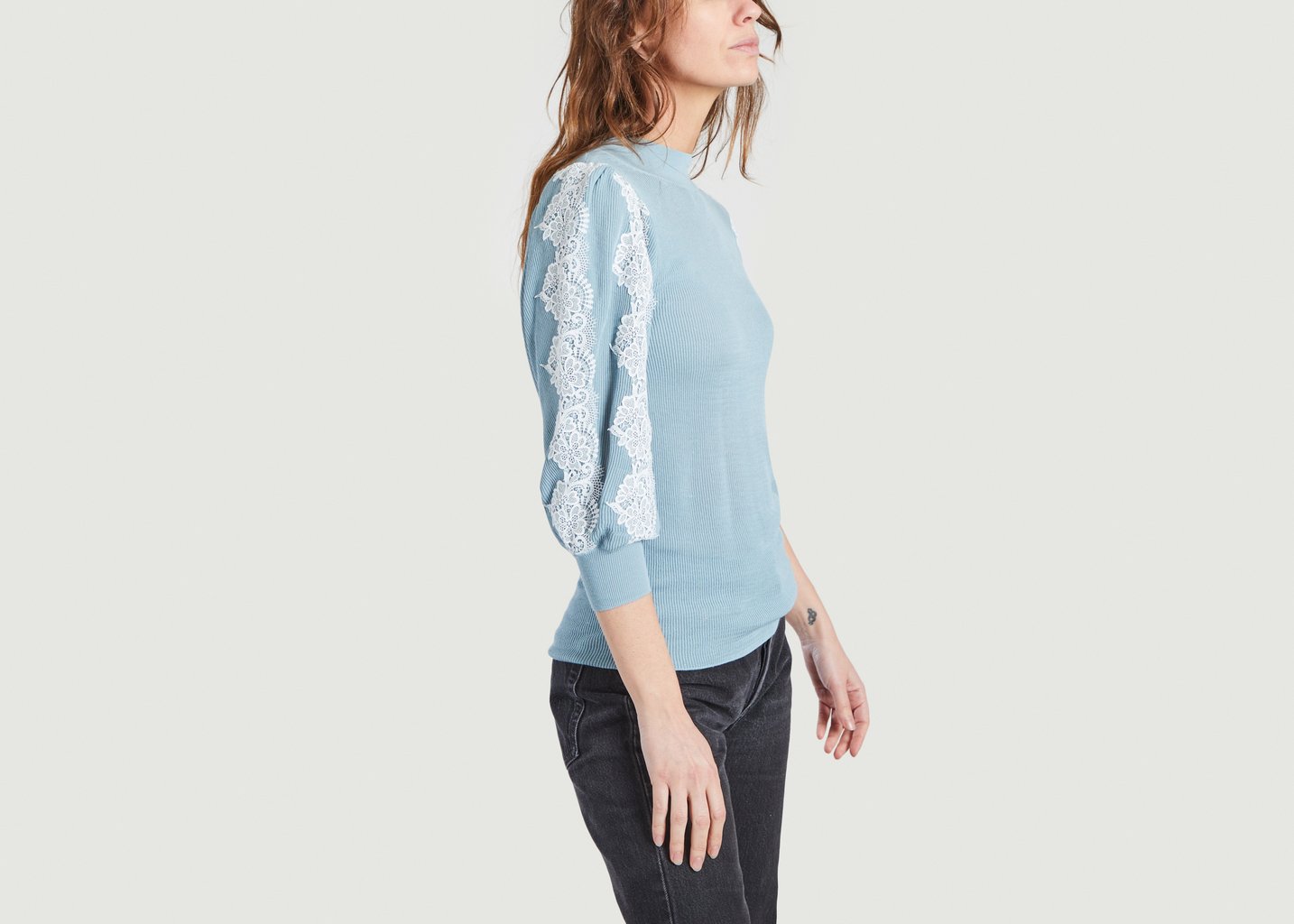 L'exception Pull Col Cheminée Avec Dentelle Bleu Clair See By Chloé