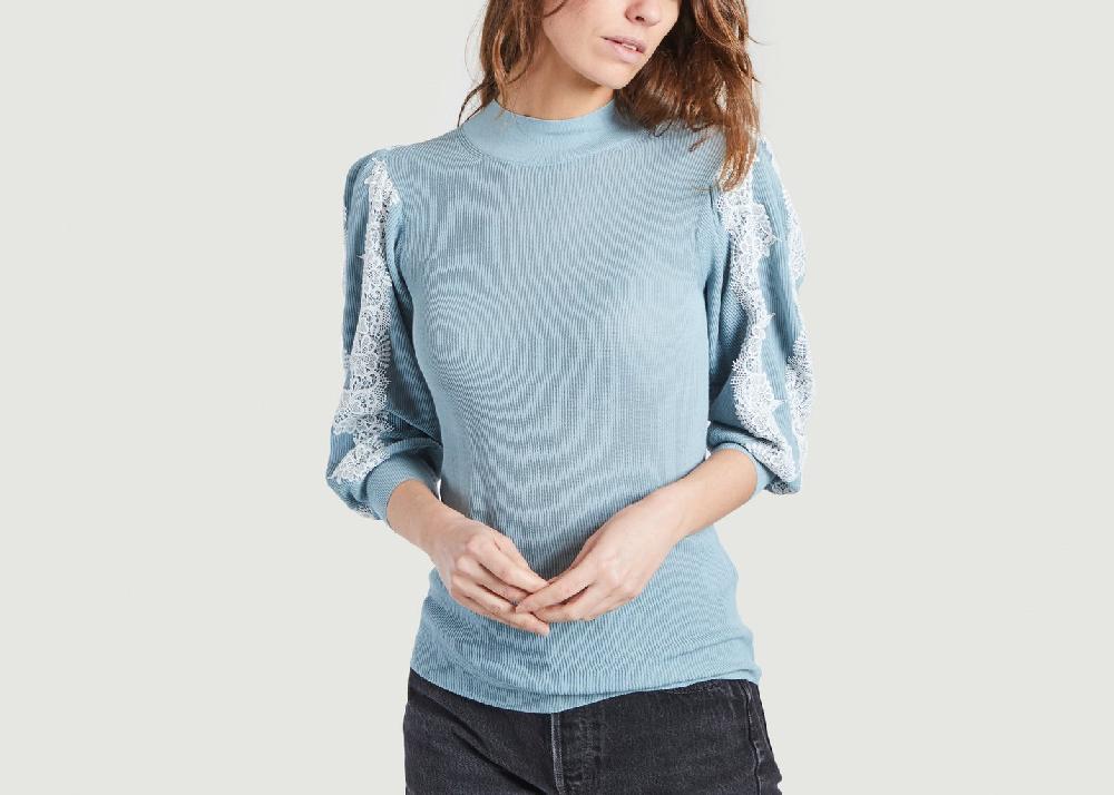 l'exception Pull Col Cheminée Avec Dentelle Bleu Clair See by Chloé