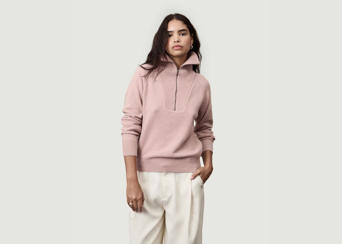 l'exception Pull col zippé en Cachemire Rose Tricot