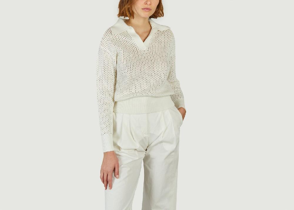L'exception Pull En Coton Ajouré Col Polo Pabloni Blanc Suncoo