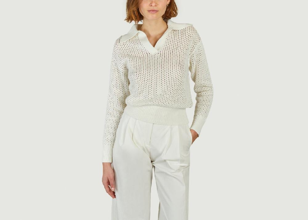 l'exception Pull en coton ajouré col polo Pabloni Blanc Suncoo