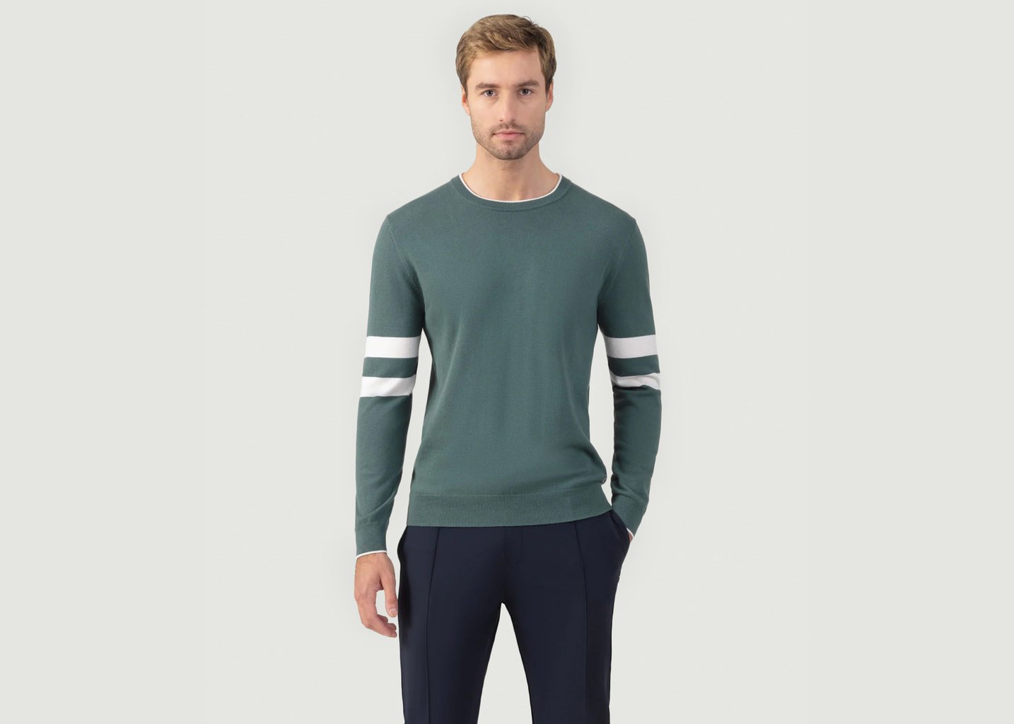 l'exception Pull en coton et cachemire à doubles lignes Vert Ron Dorff