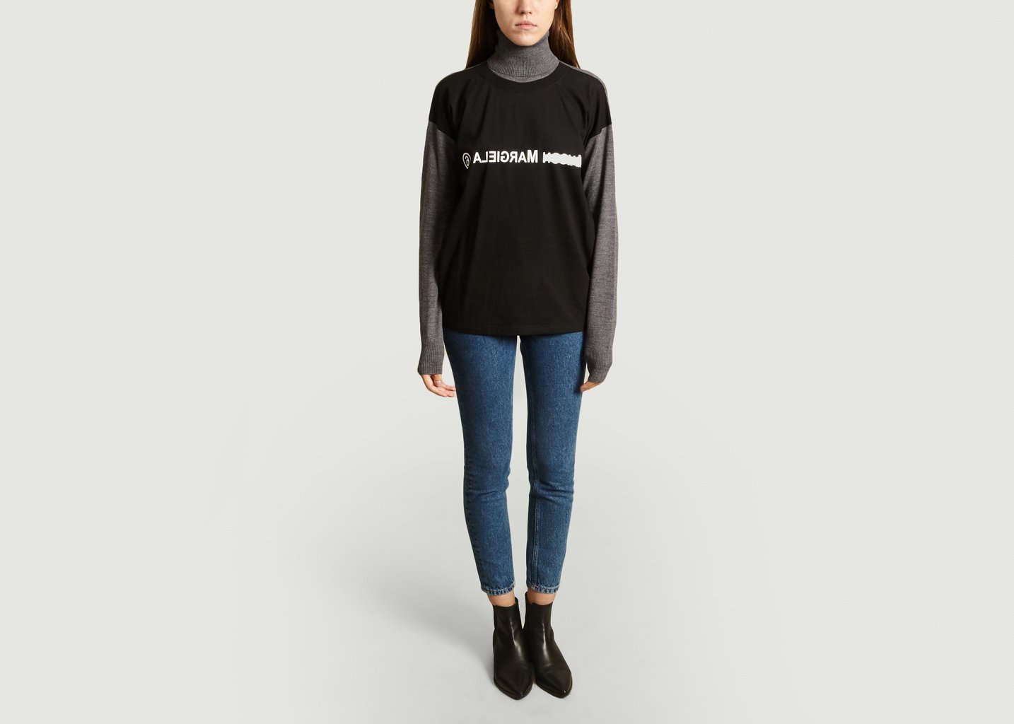 L'exception Pull Logo Col Roulé Bi Matière Gris MM6 Maison Margiela