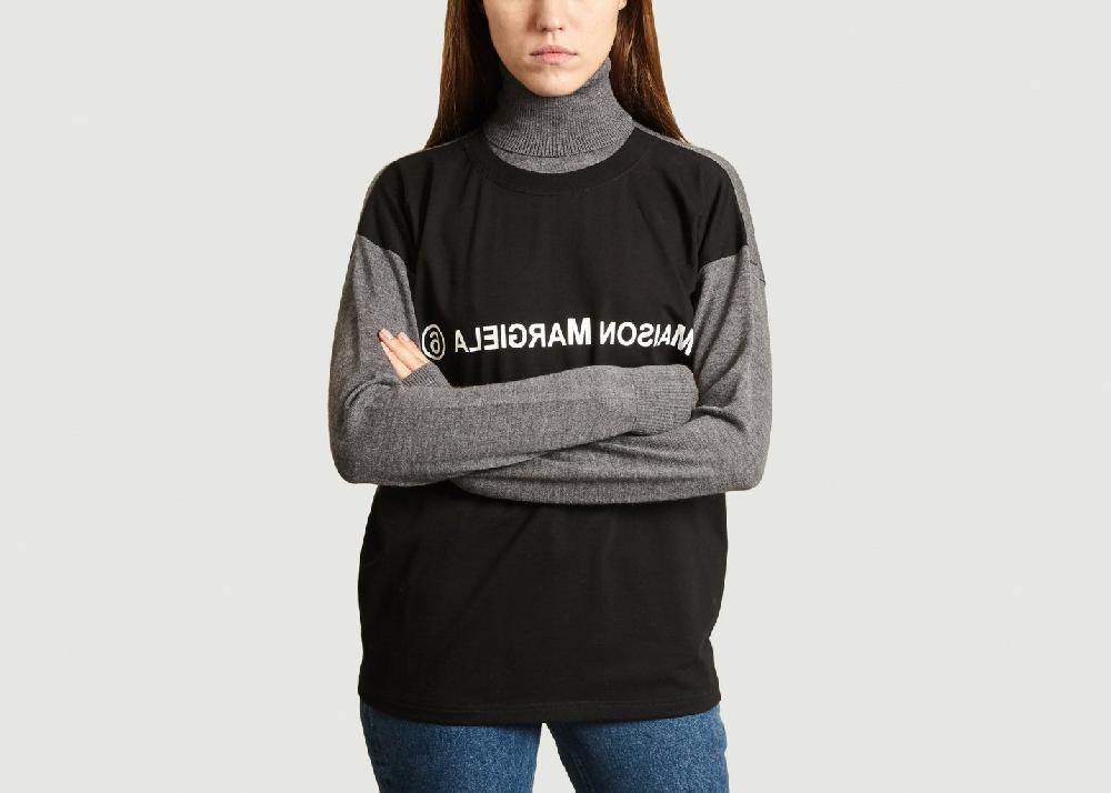 l'exception Pull Logo Col Roulé Bi Matière Gris MM6 Maison Margiela