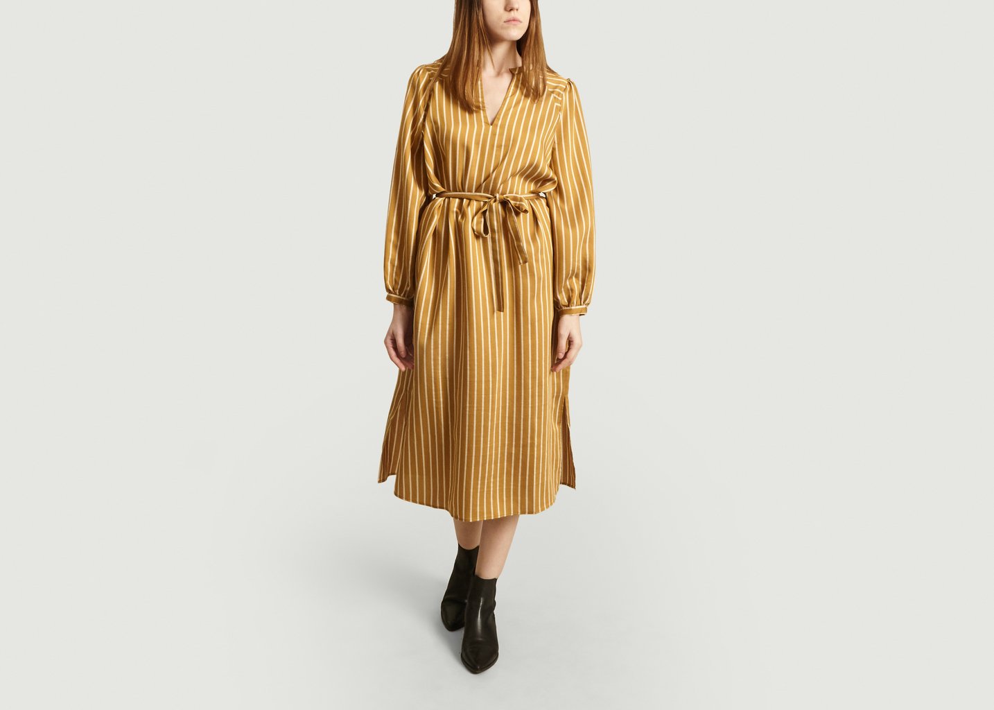 L'exception Robe Chemise Diana Rayée à Ceinture Ocre Second Female