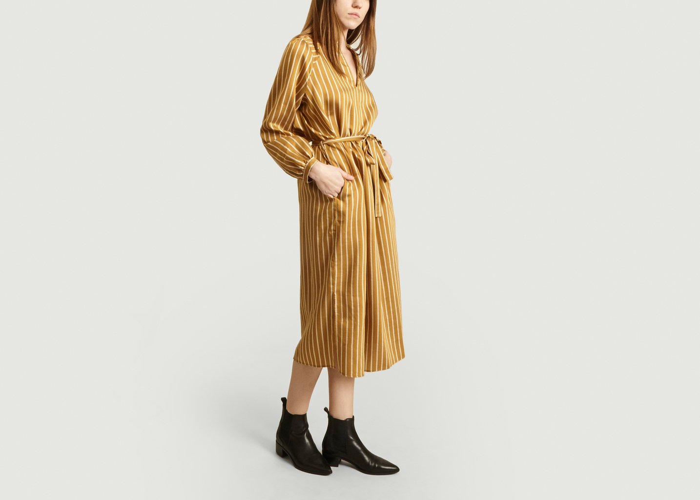 L'exception Robe Chemise Diana Rayée à Ceinture Ocre Second Female