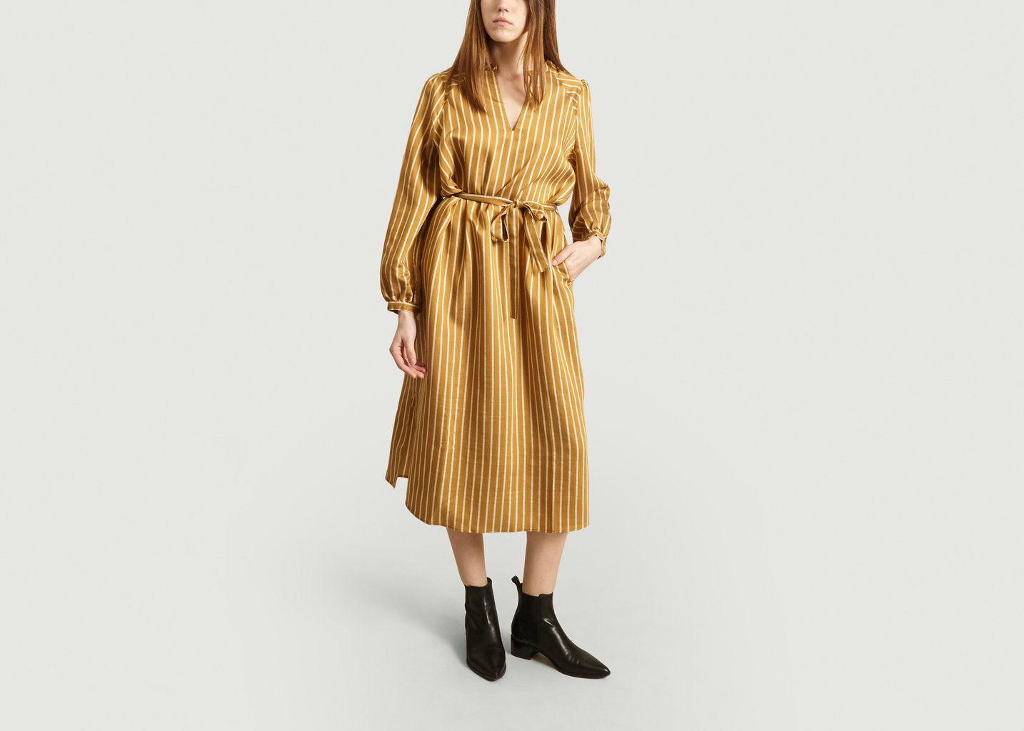 l'exception Robe chemise Diana rayée à ceinture Ocre Second Female