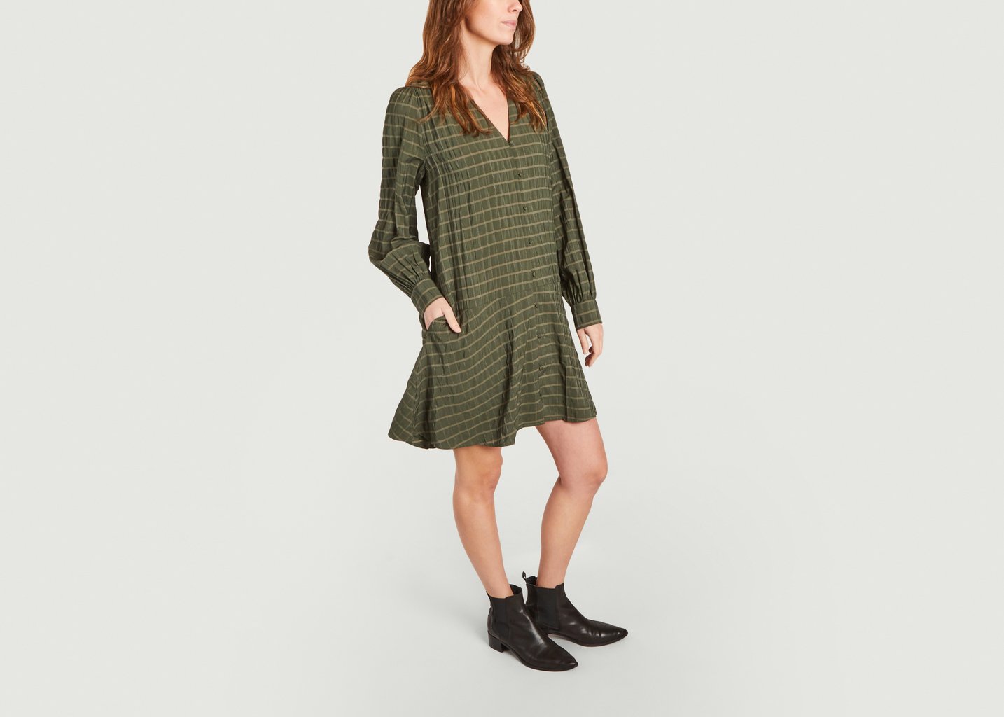 L'exception Robe Courte Manches Longues à Carreaux Jetta Olive Samsoe & Samsoe
