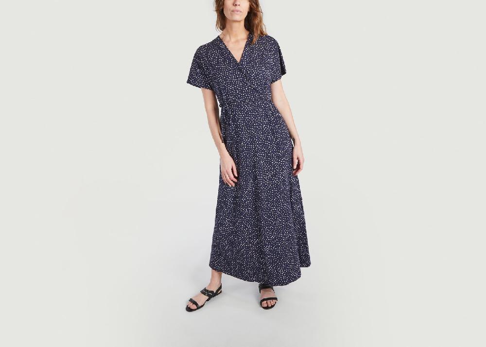 l'exception Robe longue portefeuille imprimé fantaisie Leora Bleu Marine People Tree