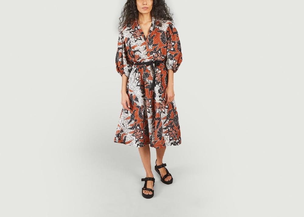 L'exception Robe Midi Imprimé Végétal Rodime Brique Maje