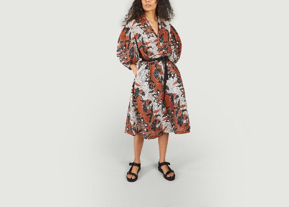 l'exception Robe midi imprimé végétal Rodime Brique Maje