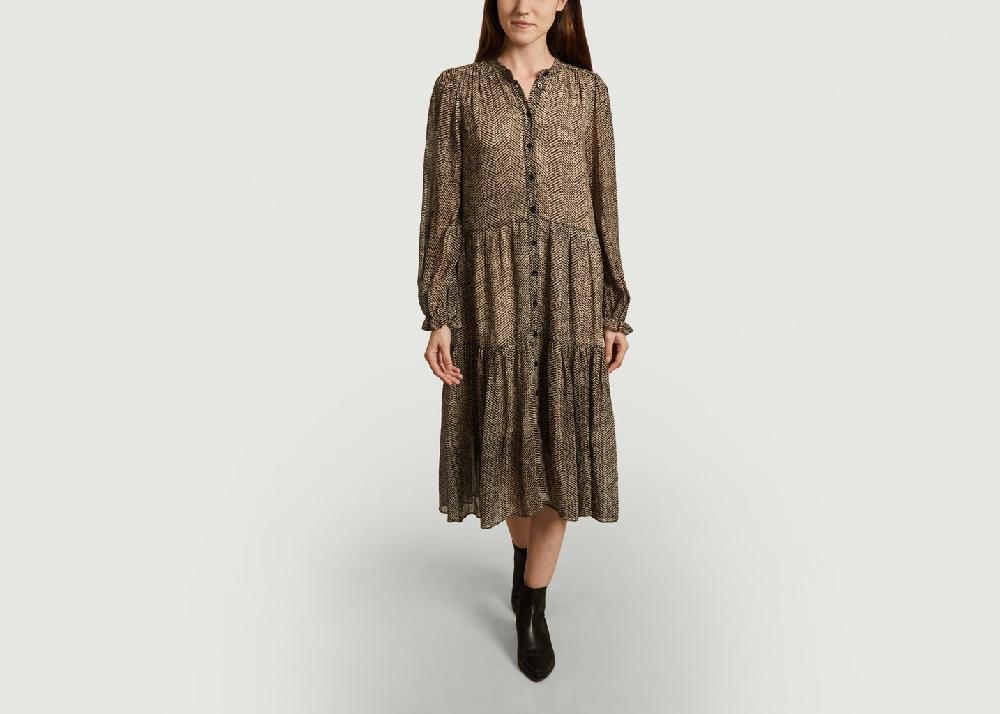 l'exception Robe midi motif zébré manches longues Severine Caramel Second Female