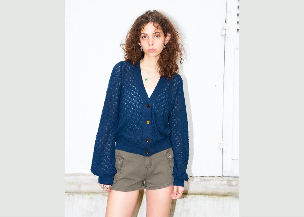 l'exception Skylar Cardigan en tricot à col en V et dentelle Bleu Marine Erotokritos
