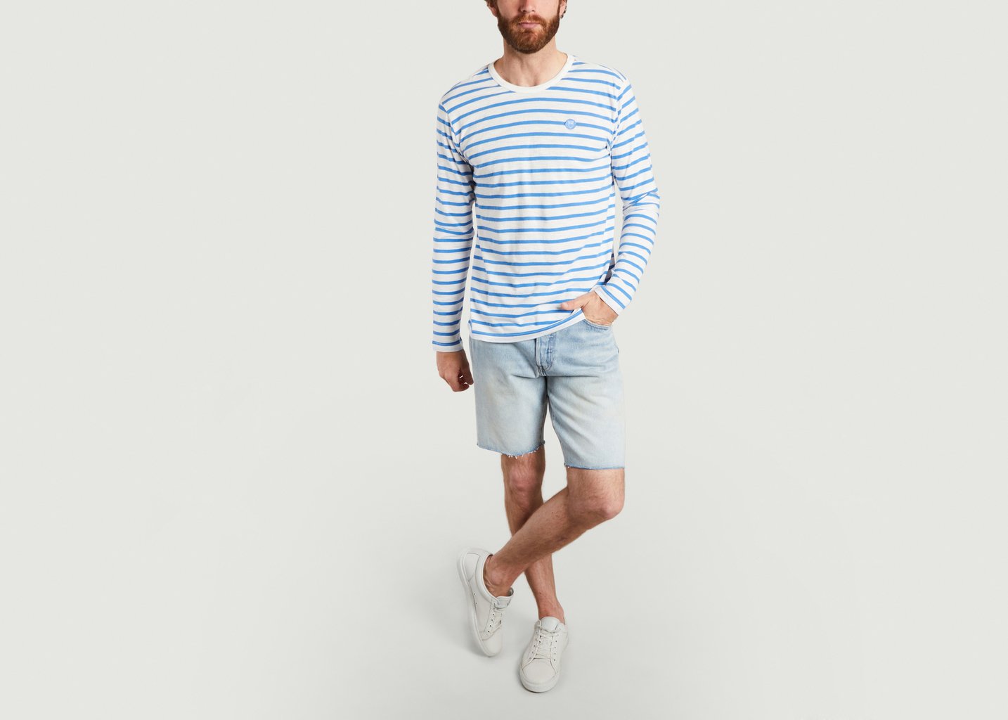 L'exception T Shirt Manches Longues Rayé Siglé En Coton Bio Bleu Clair Knowledge Cotton Apparel
