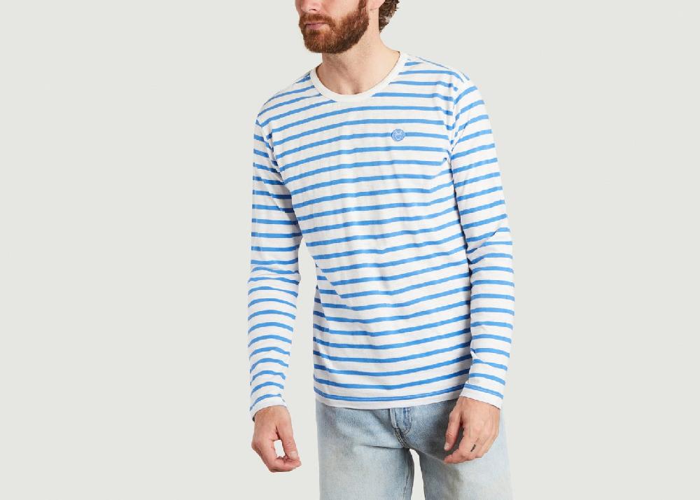 l'exception T shirt manches longues rayé siglé en coton bio Bleu Clair Knowledge Cotton Apparel