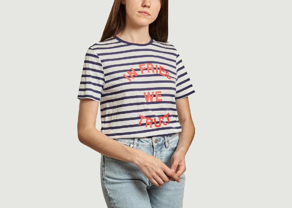 L'exception T Shirt Rayé Imprimé In Fries We Trust Bleu Marine Être Cécile