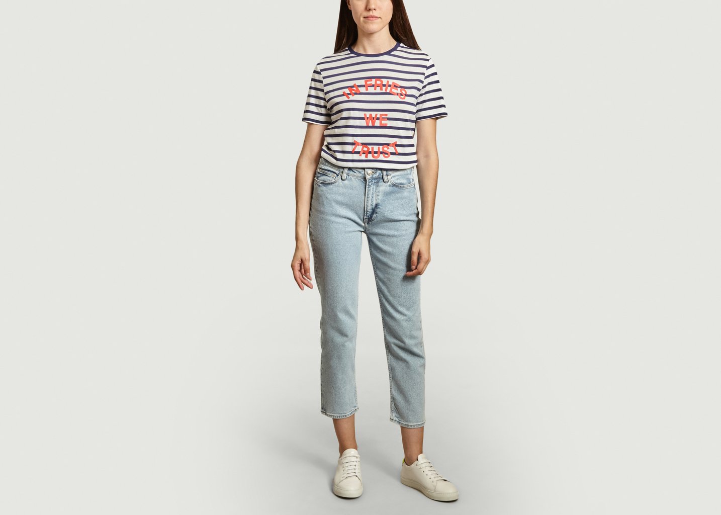 L'exception T Shirt Rayé Imprimé In Fries We Trust Bleu Marine Être Cécile