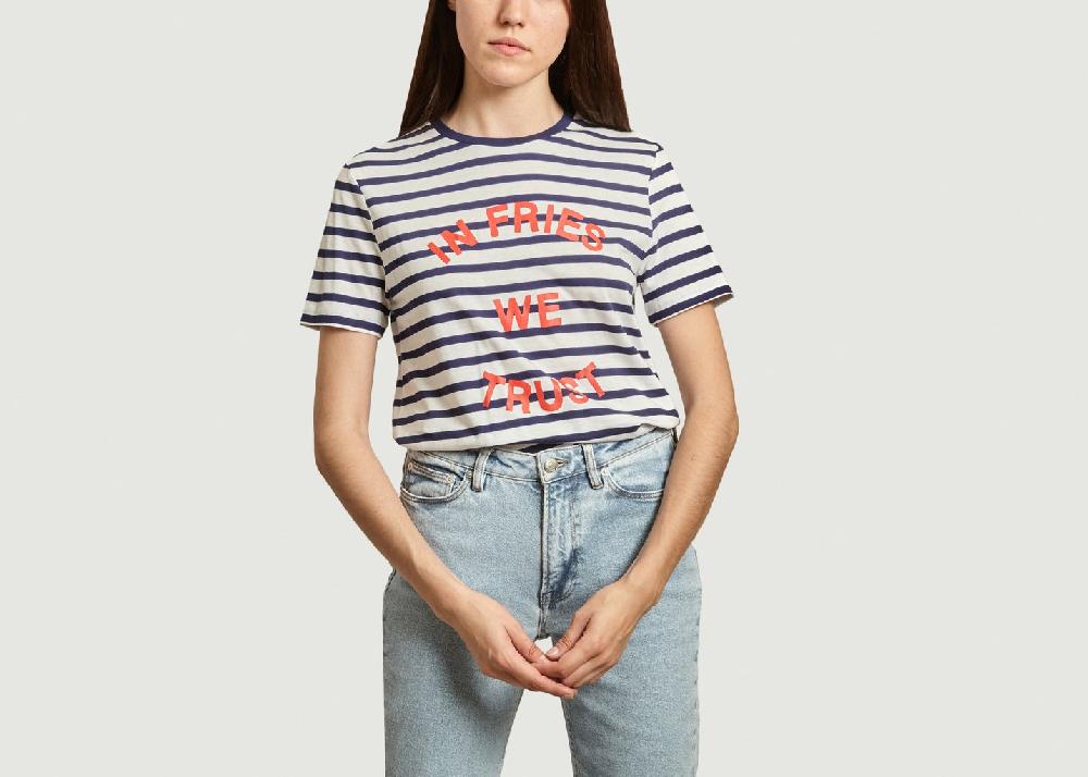 l'exception T shirt rayé imprimé In Fries We Trust Bleu Marine Être Cécile