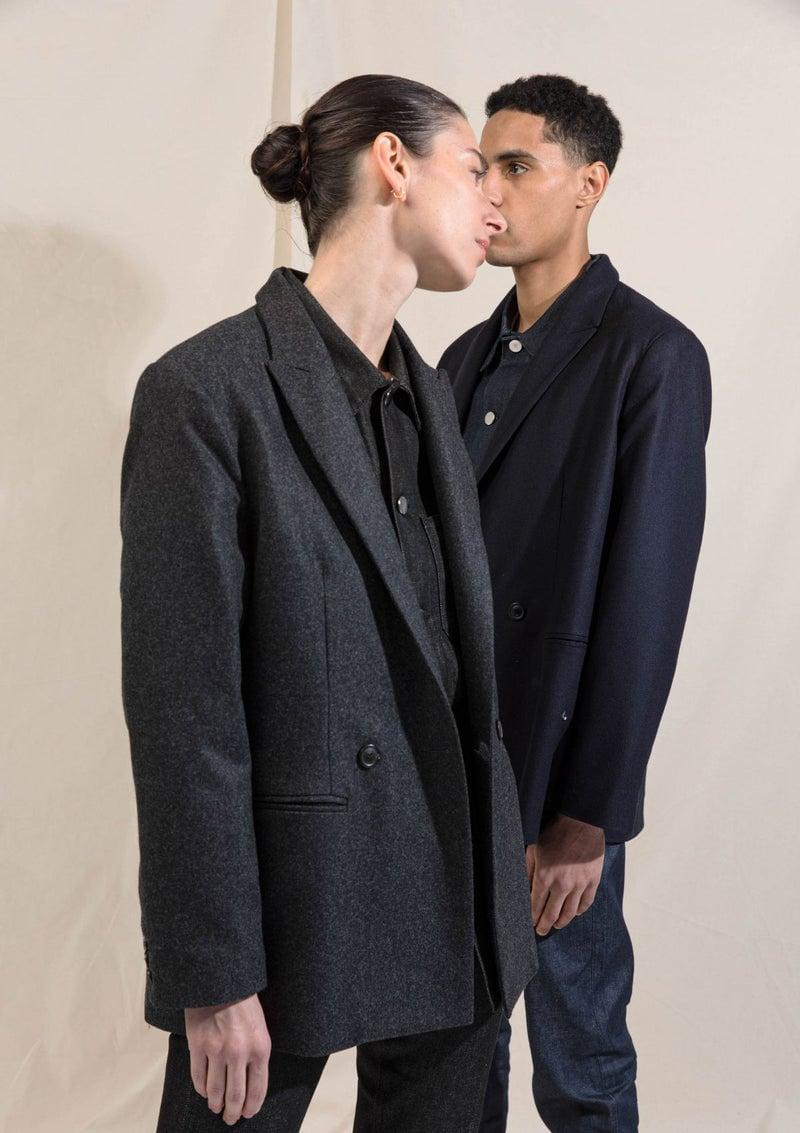 L'exception Veste Croisée North En Flanelle Bleu Marine ADN Paris