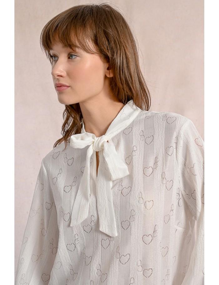 Lili Sidonio X Molly Bracken Blouse à Col Lavalière à Motifs Cœurs ÉCRU