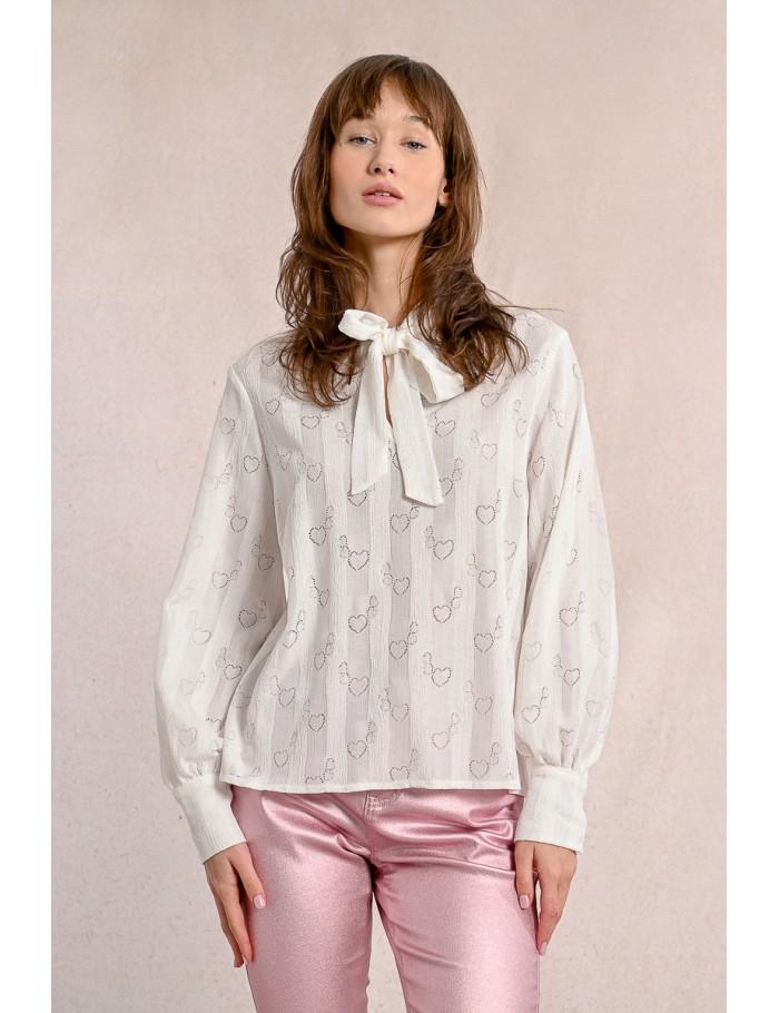 Lili Sidonio X Molly Bracken Blouse à Col Lavalière à Motifs Cœurs ÉCRU