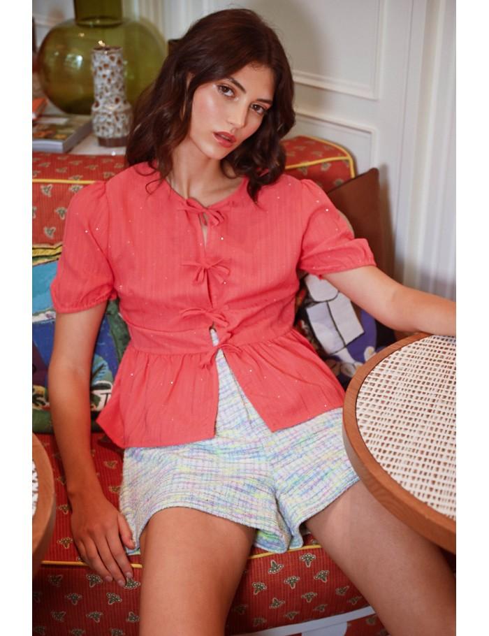 Lili Sidonio X Molly Bracken Blouse Parsemée De Strass à Nouer CORAL