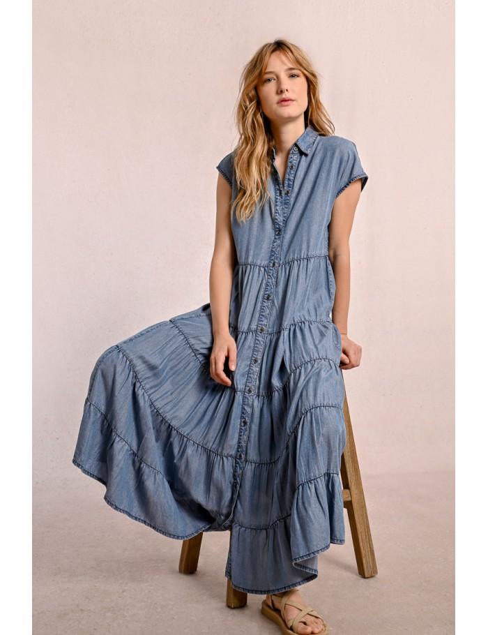 Lili Sidonio X Molly Bracken Longue Robe Chemise à Volants DENIM BLUE