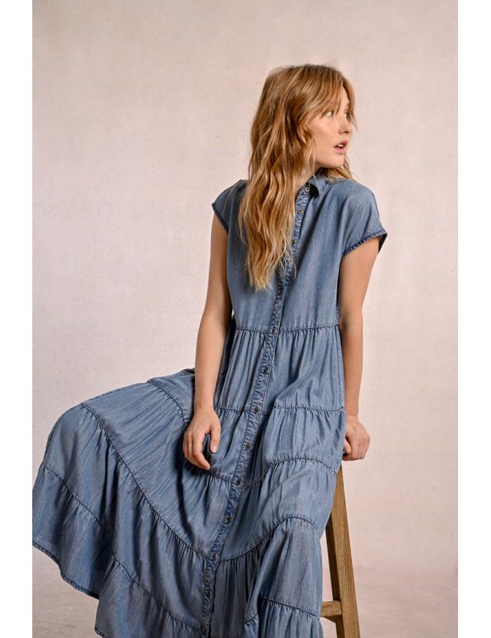 Lili Sidonio X Molly Bracken Longue Robe Chemise à Volants DENIM BLUE
